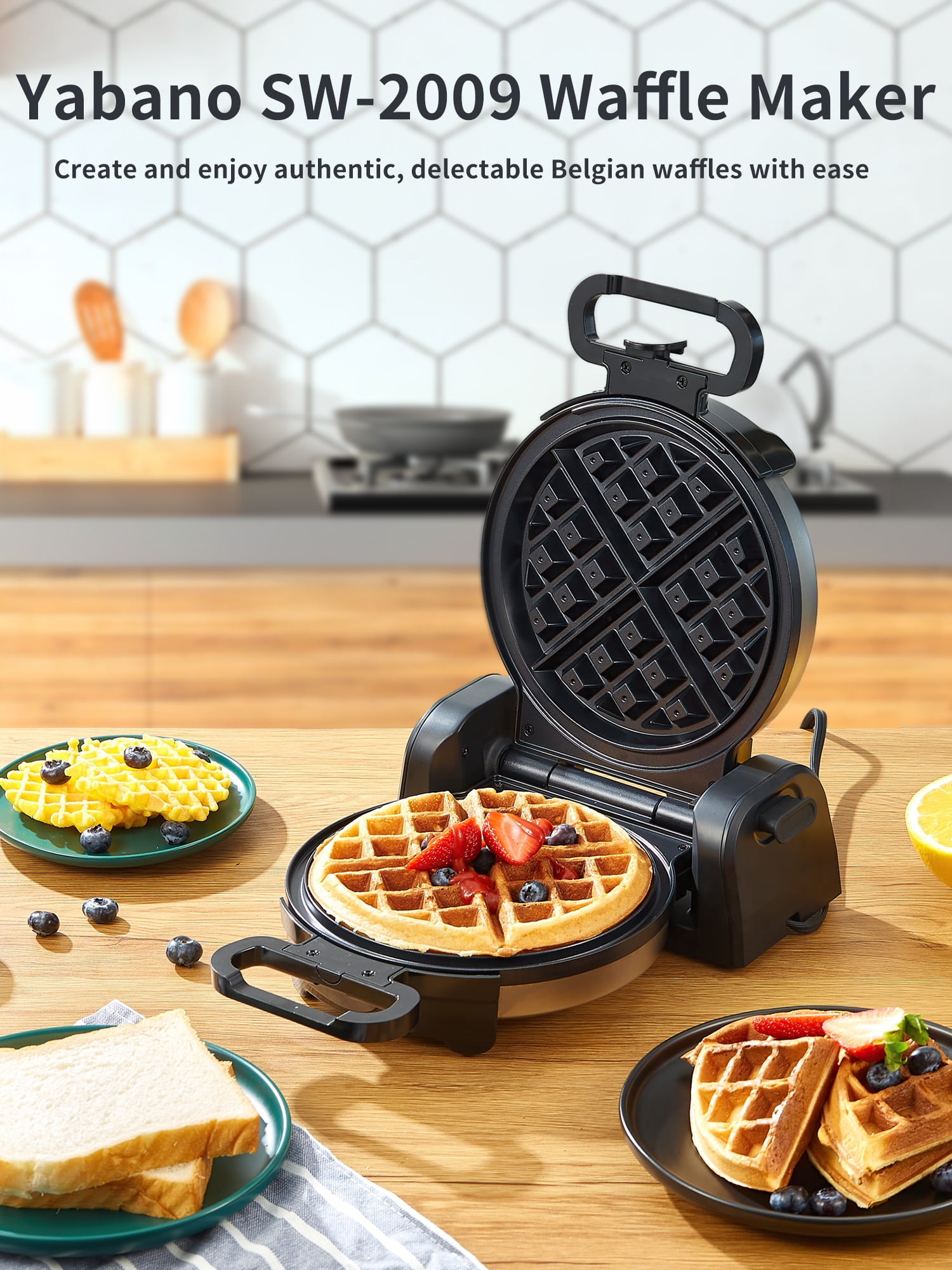Waffle Maker, Yabano Stainless Steel Flip Belgian Waffle Iron with Non-Stick Surfaces, Save Space Design, 1080W