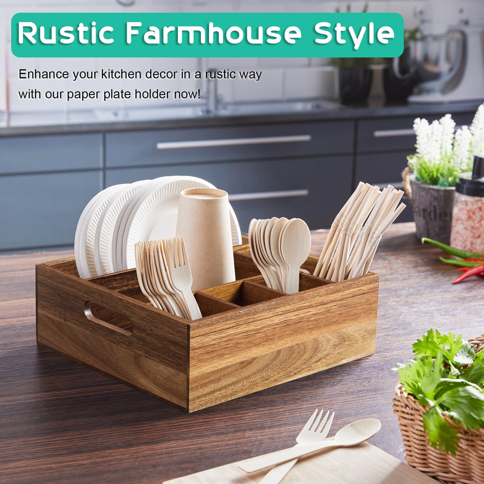 Emlimny Acacia Wood Utensil Holder,Paper Plate Organizer for Countertop,Rustic Utensil Caddy with 6 Compartments for Plate, Cup, Fork, Spoon - Cutlery Holder for Kitchen Camping Buffet