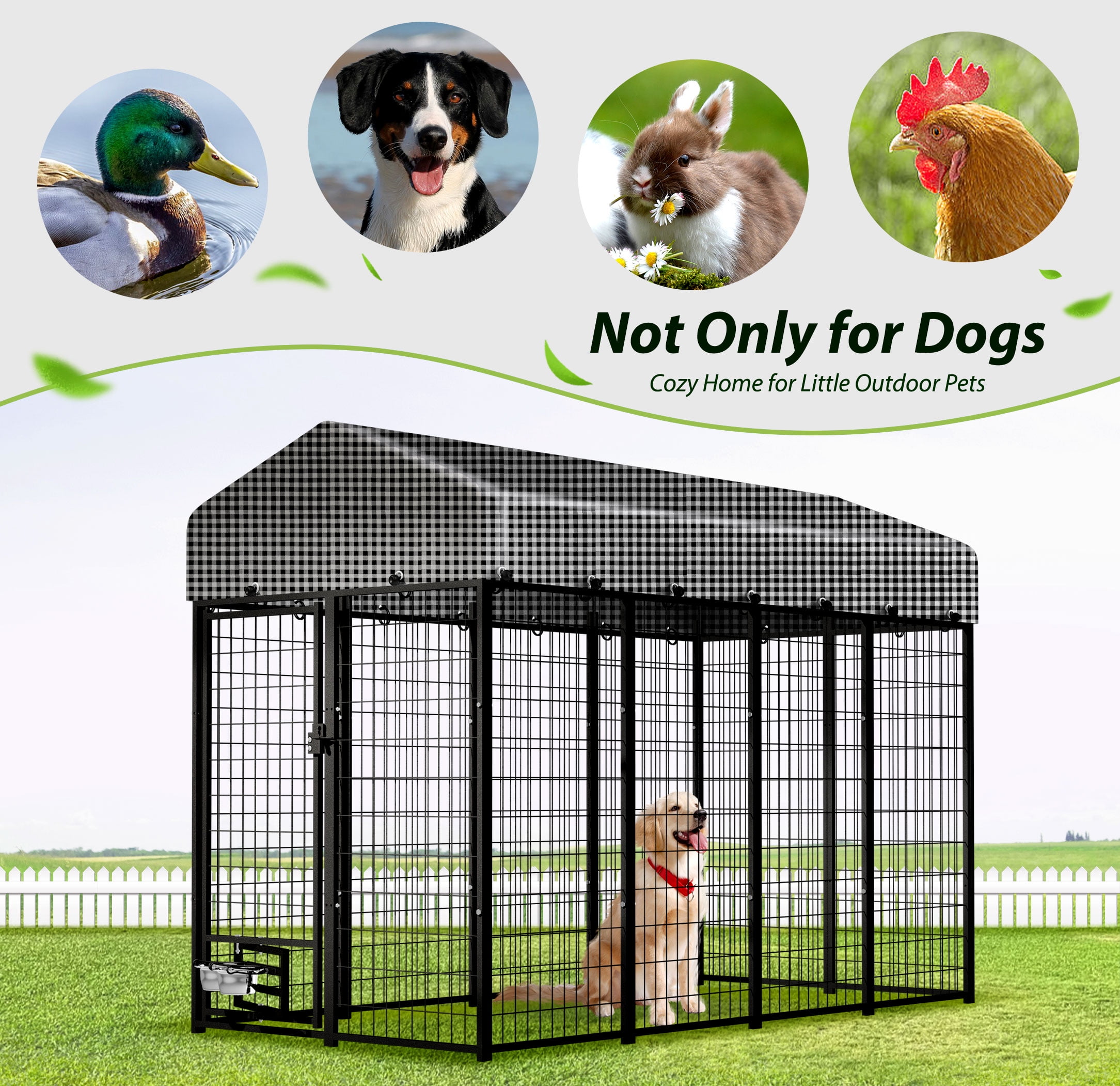 HITTITE Large Outdoor Dog Kennel, Heavy Duty Outdoor Dog Run Cage with Rotate Feeding Door, Anti-Rust Dog Kennel Outside with Waterproof & UV-Resistant Cover for Backyard, 8'L x4' W x 6'H（with Roof）