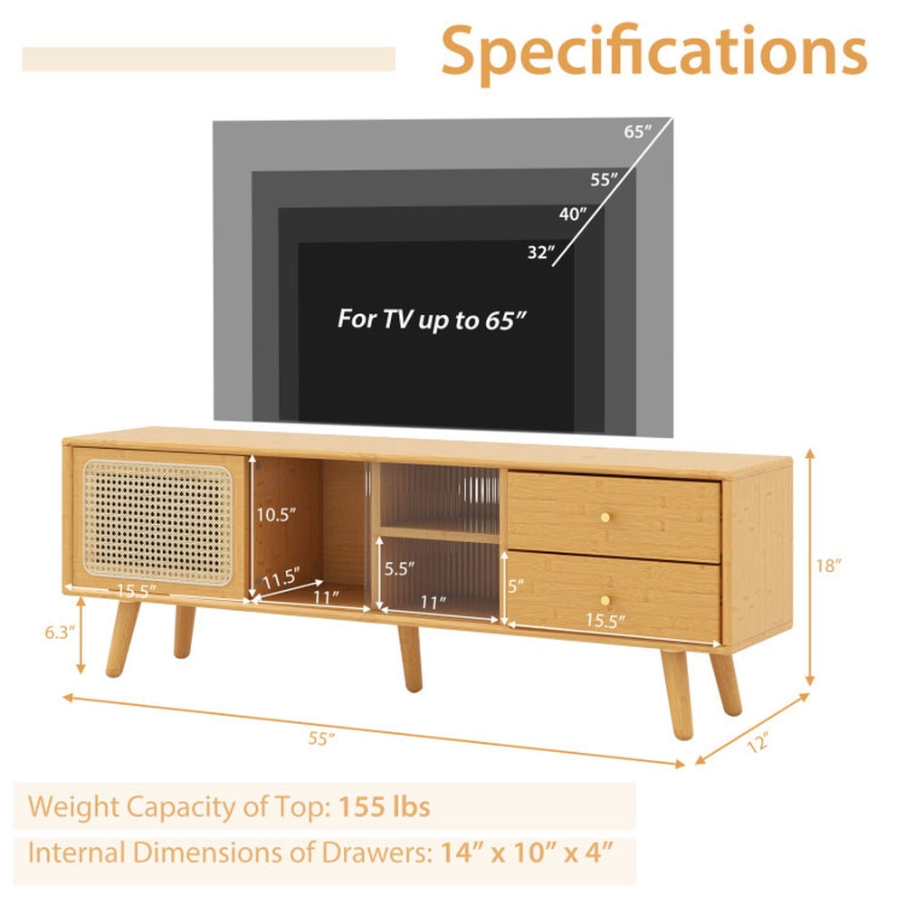 Finihen TV Stand, Entertainment Center, Bamboo TV Stand for TV up to 65 Inch, for Living Room, Natural