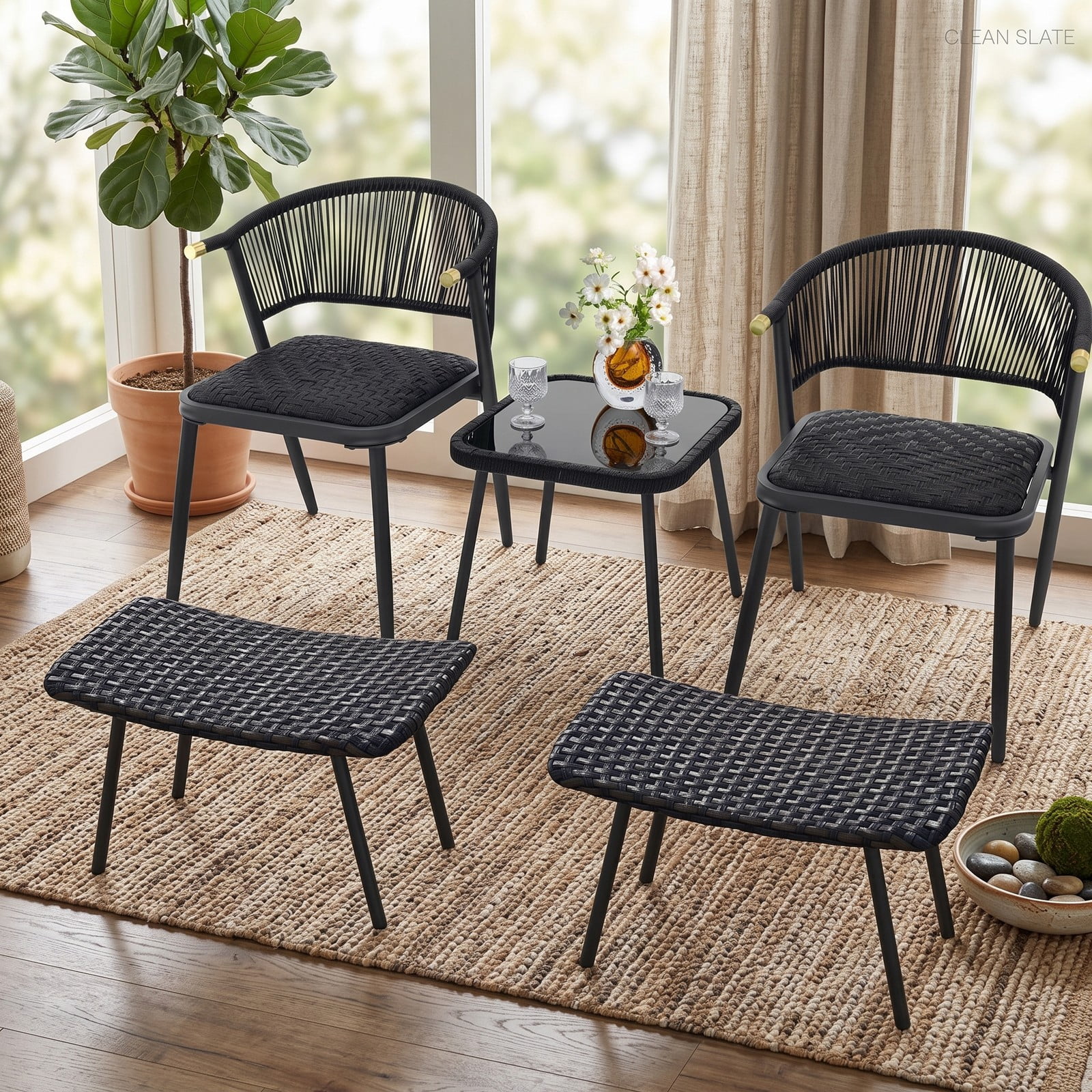 Furnibear All Weather Outdoor Ottoman Set of 2 PE Rattan Patio Footrest Stool Wicker Footstool Seat with Sturdy Metal Legs and Quick Dry Foam for Poolside, Mix Brown