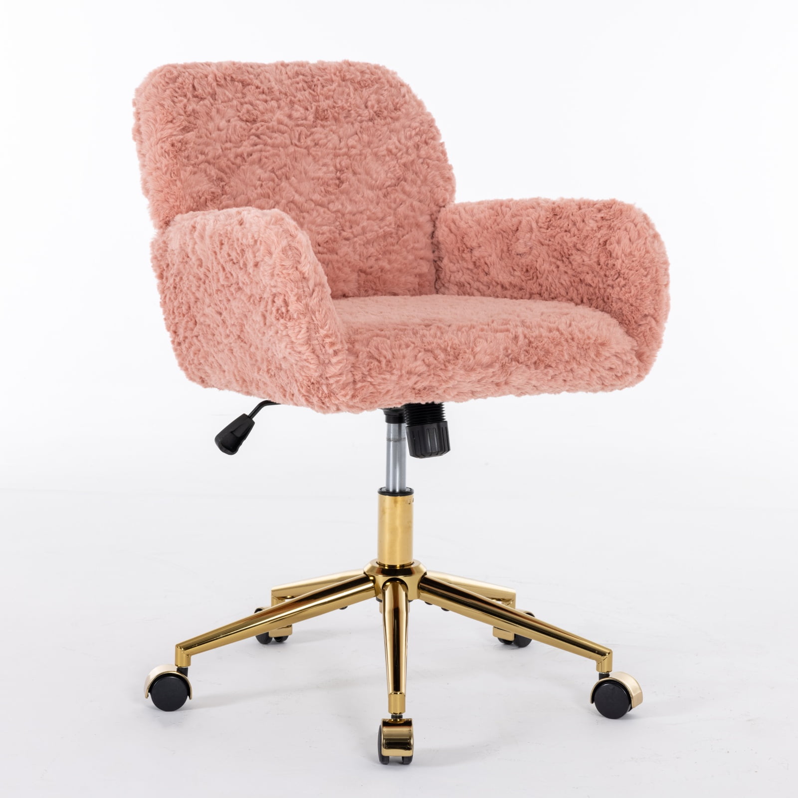 Furniture Office Chair, Artificial Rabbit Hair Home Chair with Golden Metal Base, Adjustable Desk Chair Swivel Office Chair, Vanity Chair (Pink)