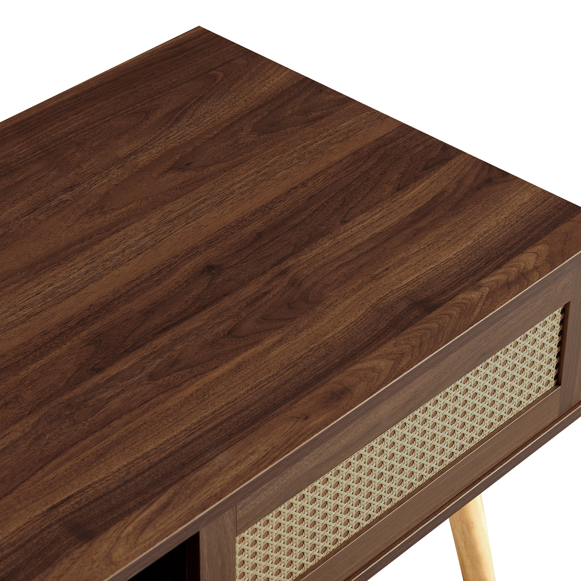 Coffee Table, Living Room Table, Storage Coffee Table with PE Rattan Finish Sliding Door Storage Compartment Solid Wood Legs Adjustable Feet, Walnut