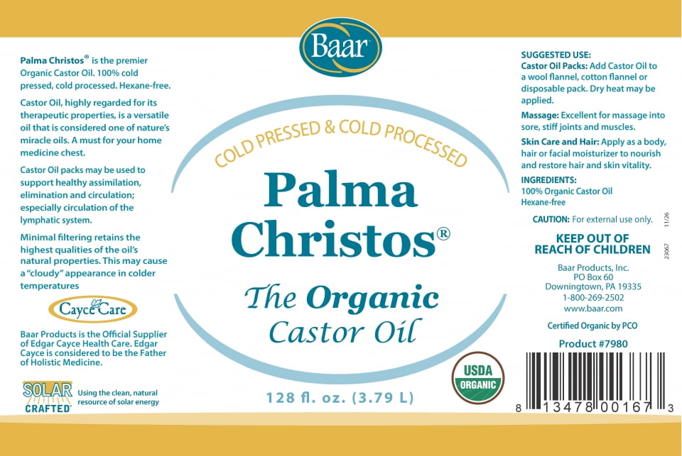 Organic Palma Christos Castor Oil - Gallon Castor Oil for Hair, Eyelashes, Eyebrows, Skin, Eliminations, and Many More! - Exclusive Palma Christos® Brand by Baar