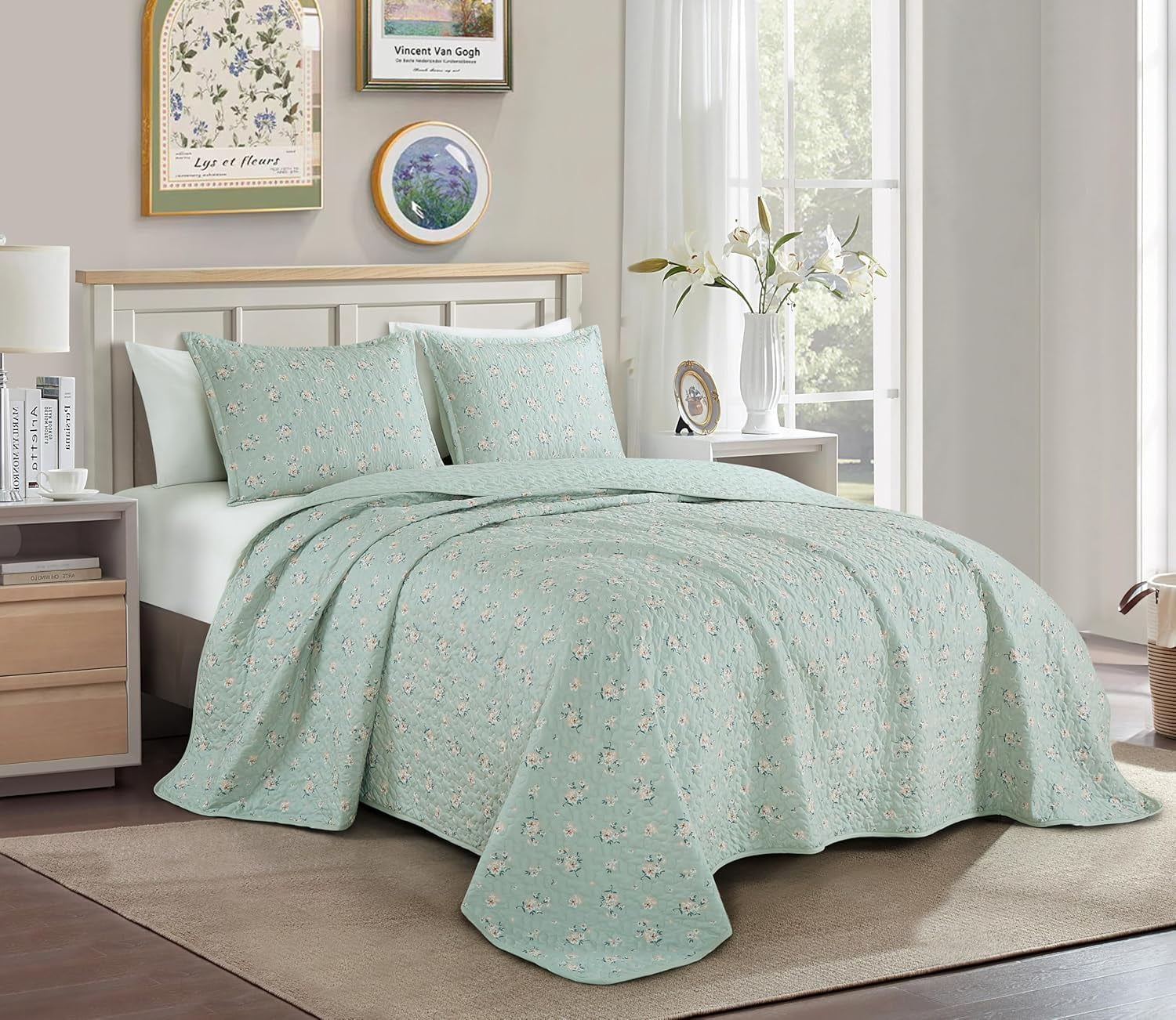 Chezmoi Collection Thistle 2-Piece Tranquil Floral Quilt Set Twin, Soft Green White Floral Printed Microfiber Lightweight Bedspread Set for All season