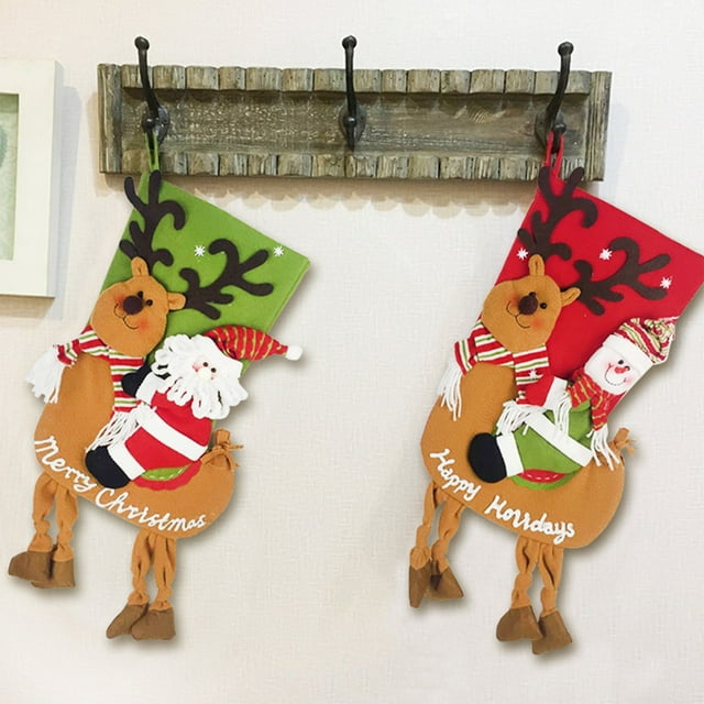 Xihbxyly Juego de Medias Navideñas, Bolsas de Regalo de Gran Capacidad, Diseño de Papá Noel y Ciervo, Colgante de Árbol Festivo, Decoración Navideña para Repisa, Pared y Chimenea, Verde y Rojo, Tamañ