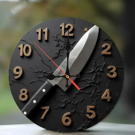 Japanese Damascus Steel Chef Cutlery Kitchen Cooking Tool 10-Inch Silent Wooden Wall Clock, Battery Operated (AA Batteries Not Included), Artistic Home Decor