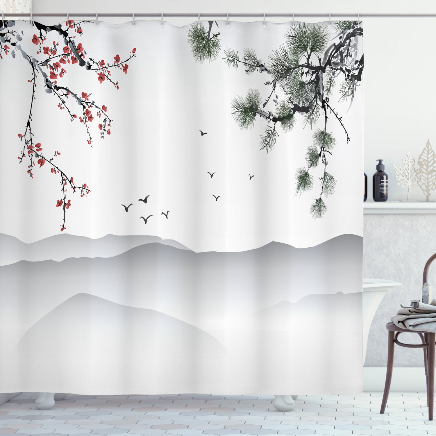 Winter Snow Pine Forest Shower Curtain Set Waterproof Fabric & 12 Hooks 71Inch 