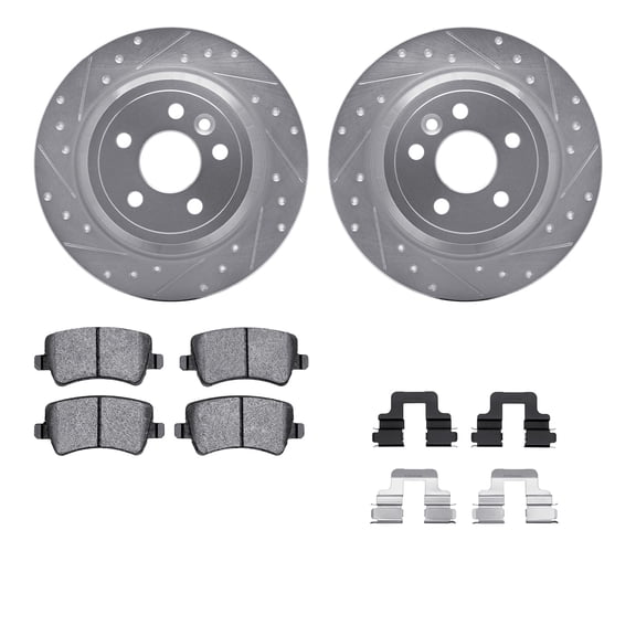 Dynamic Friction Company Rear Brake Rotors-Drilled and Slotted-Silver with 5000 Advanced Brake Pads includes Hardware 7512-11037