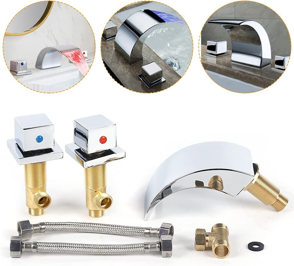 Miumaeov Led Waterfall Faucet, 3 Colored Changing Bathroom LED Light Sink Faucet, LED Light Faucet with Dual Handles & 3 Holes, Premium Brass Body Bathroom Sink Faucet