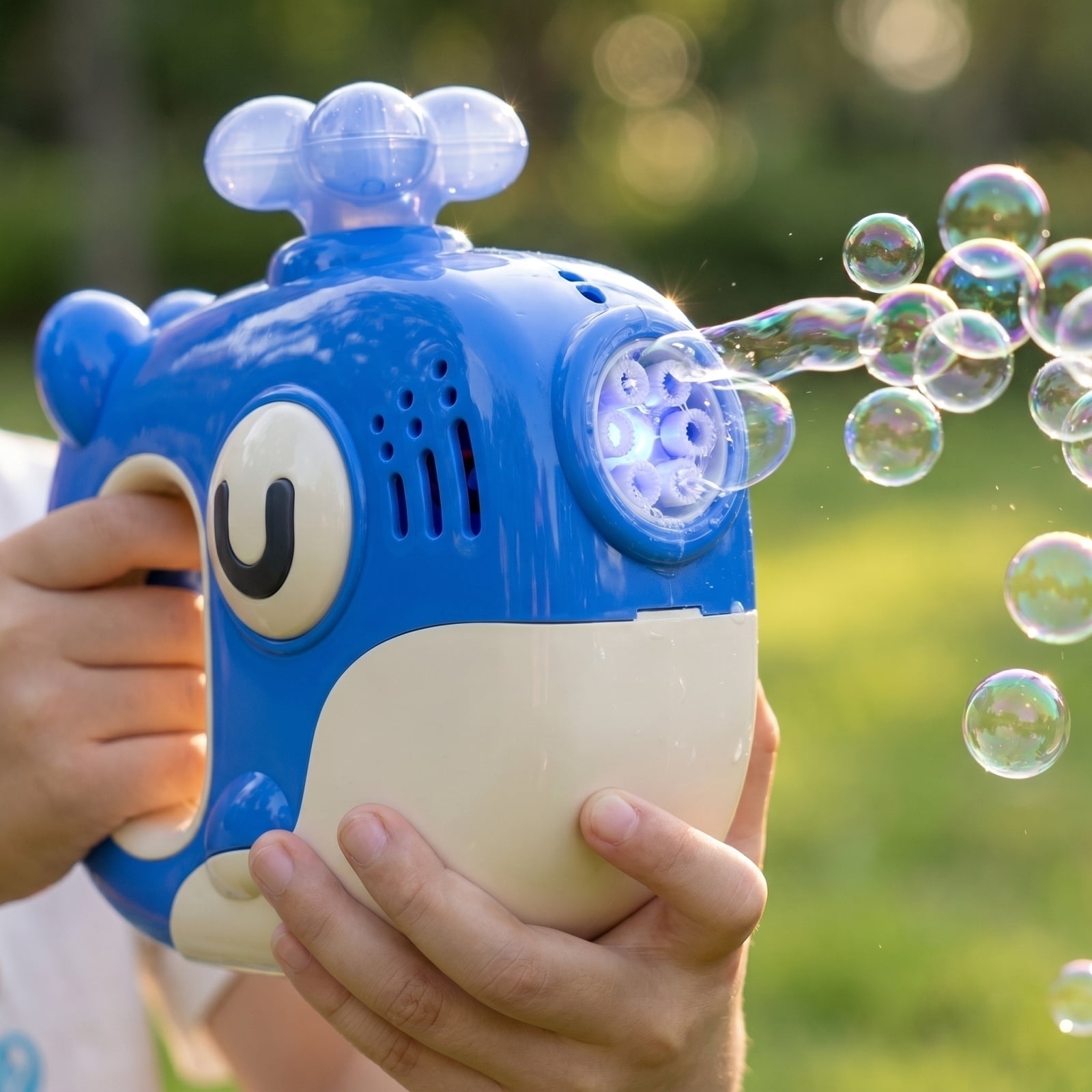 Cartoon Electric Bubble Blowing Machine with LED Lights and Music, Complete Set with Bubble Solution and USB Charging Cable for Outdoor Parties and Backyard Fun (Blue)