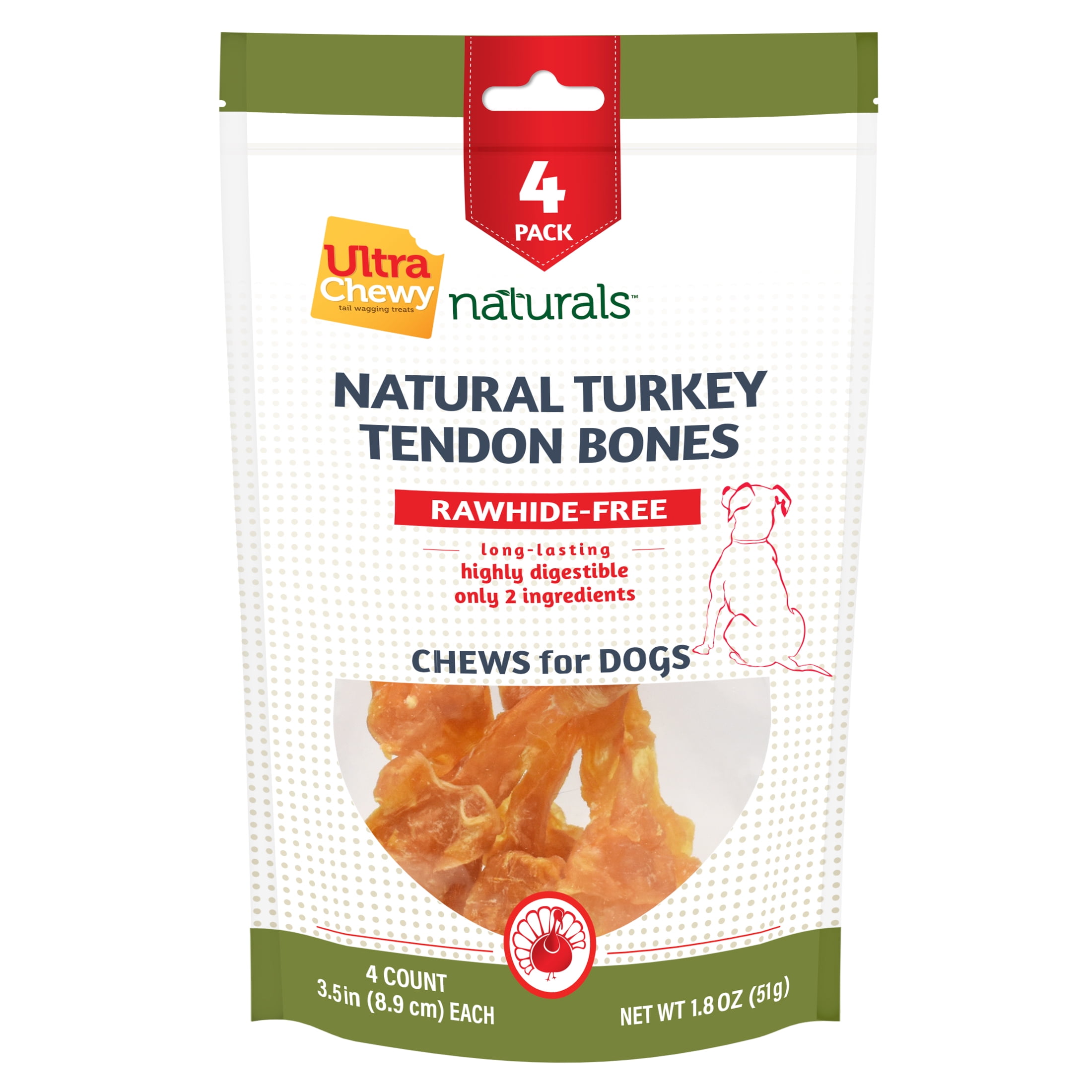 Ultra Chewy 3.5" Natural Turkey Tendon Bone Chews for Dogs 4pk