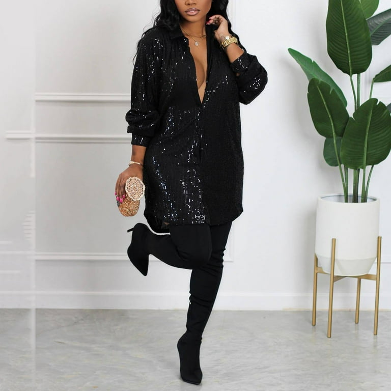 送料無料の商品 EHQJNJ Button Sparkly Dress Mini Sequins Womens Dress Knit Clothing