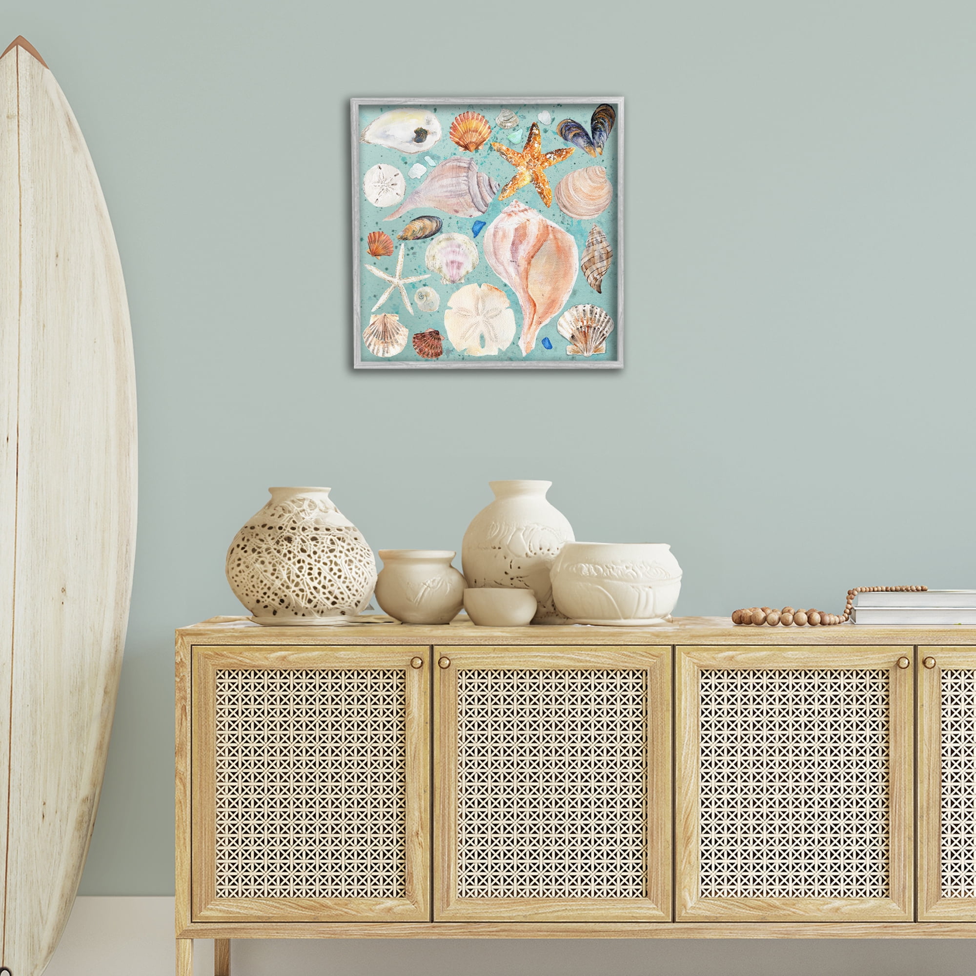 Stupell Industries Seashell Puzzle Pattern Coastal Painting Gray Framed Art Print Wall Art, 24 x 24