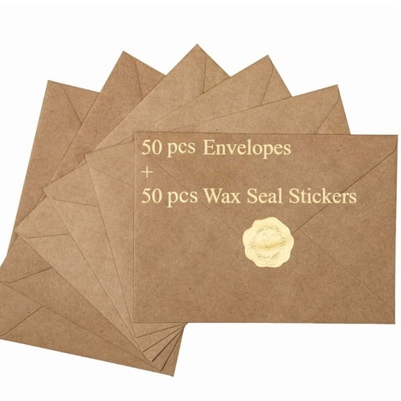 HOHAHO 50 pack Kraft A7 Envelopes, 5.25x7.25 V-Flap Self Seal with Golden Wax Seal Stickers for 5x7 Cards,Perfect for Greeting Invitation Photo