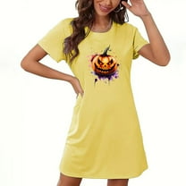 Halloween T Shirt Dress for Women Scary Pumpkin Graphic Casual Short Sleeve Tunic Dress Fall Holiday Party Outfit