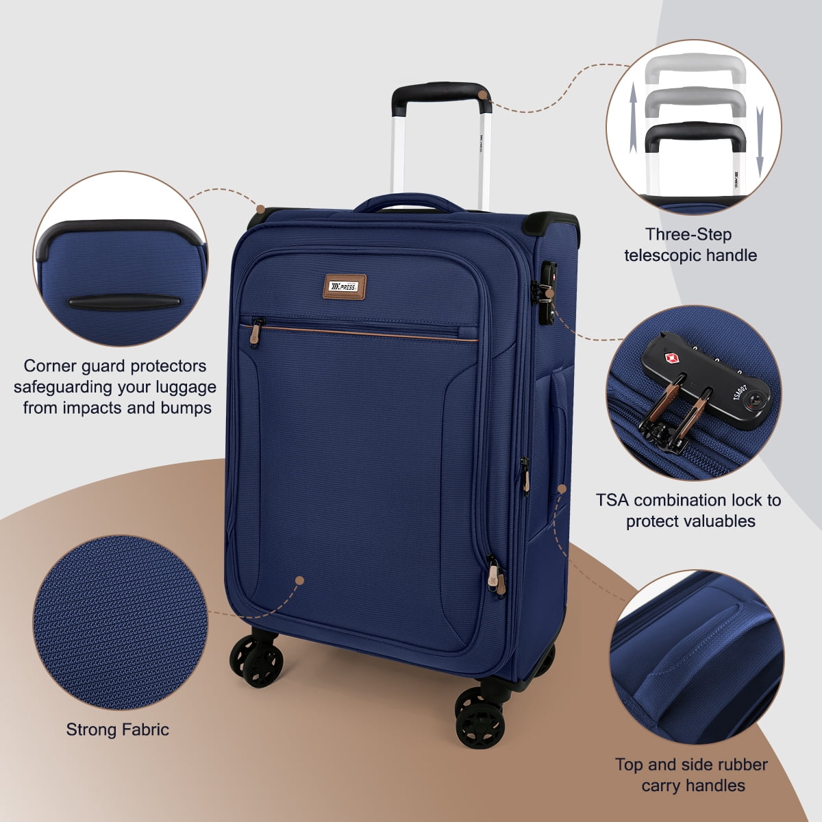 3 Piece Softside Luggage Set, Expandable Soft Shell Spinner Luggage with Front Opening, Lightweight Durable Suitcase TSA Lock Approved, 20"/26"/28", Navy(XJ1097)