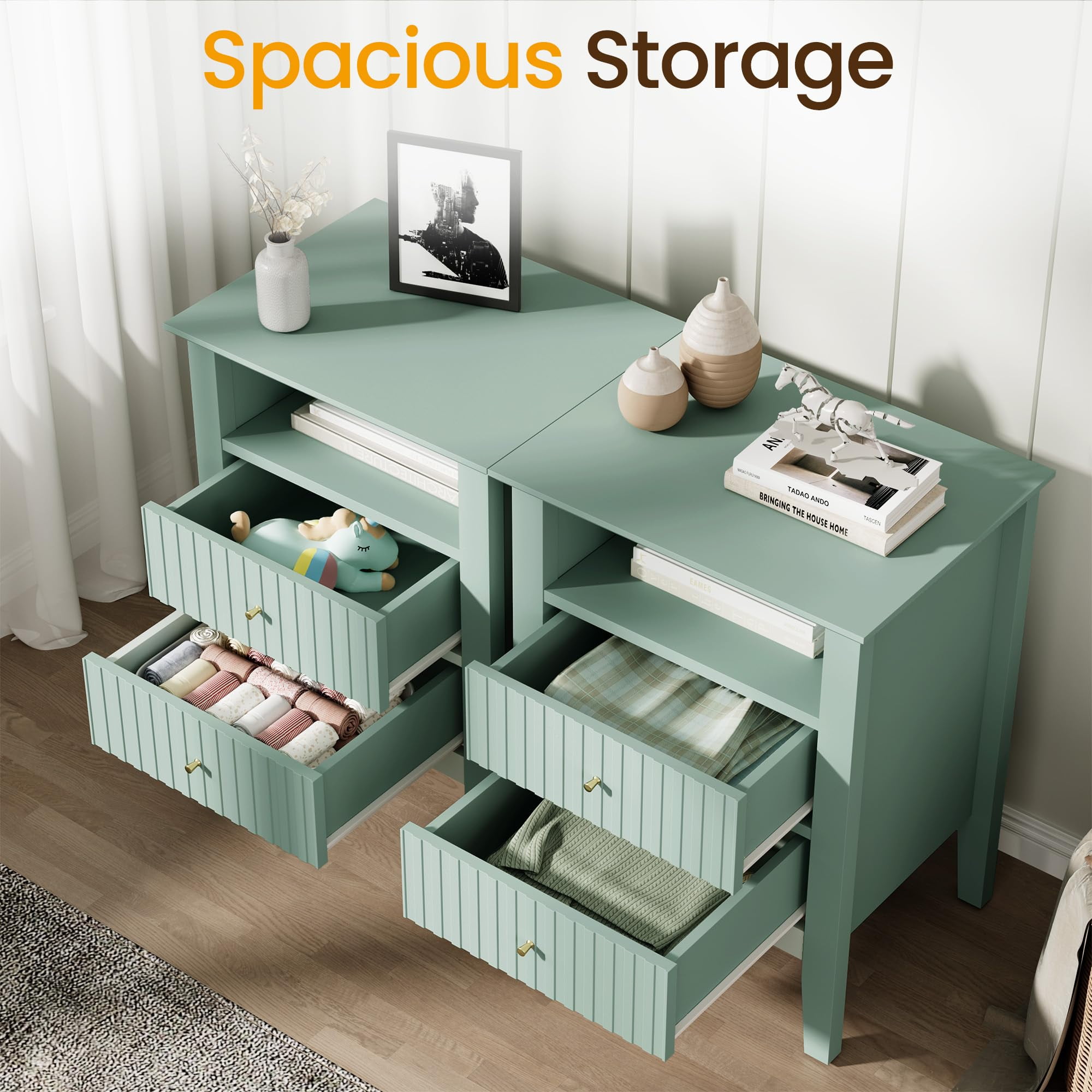 Heynemo Green Fluted Nightstand with 2 Drawers Set of 2, Modern Wooden Sofa Table for Small Spaces, Tall End Table for Bedroom, Living Room