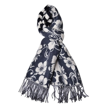 - Blue and Cream 100% Acrylic Floral Pattern with Black Stripe Lightweight Scarf Wrap Hijabs with Fringes