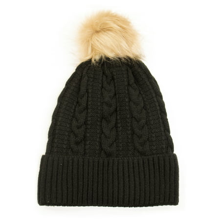Newbee Fashion - Women Winter Faux Fur Pom Pom Beanie Hat with Warm Fleece Lined Thick Skull Ski Cap Stylish & Warm in