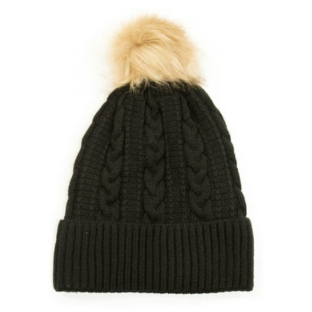 - Newbee Fashion - Women Winter Faux Fur Pom Pom Beanie Hat with Warm Fleece Lined Thick Skull Ski Cap Stylish & Warm in Black
