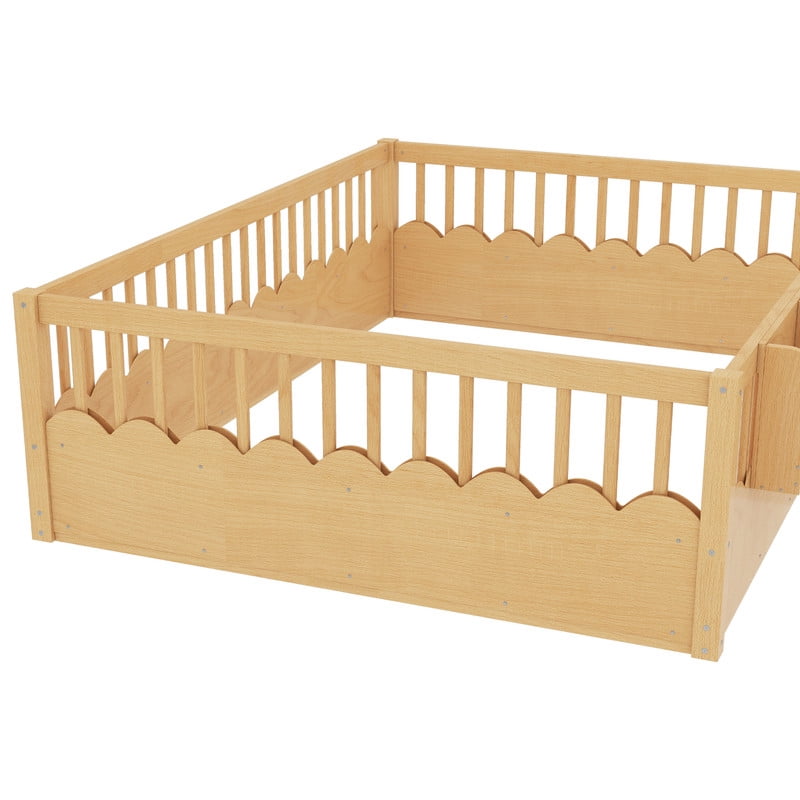 Queen Size Wood Floor Bed with Wavy Fence, Kids Platform Bed Frame with No Slat, Montessori Storage Bed with Bookshelf