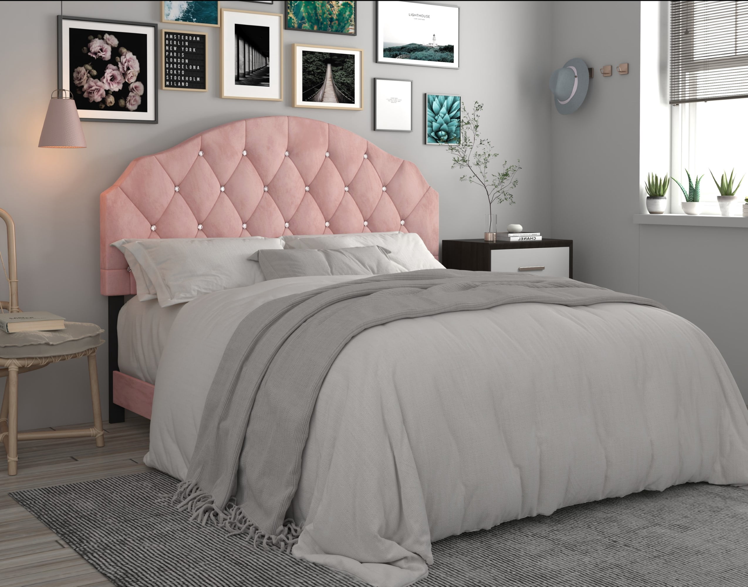 Home Design Evelina Queen Tufted Upholstered Headboard, Pink, Velvet with Diamond Button Tufting, Modern Bedroom Furniture