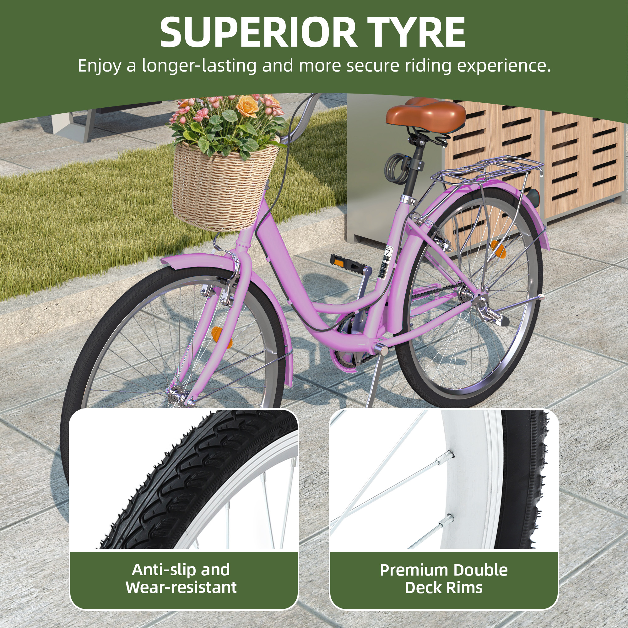 Uforic 26" Beach Cruiser Bike for Women, Adjustable Seat Single-Speed Commuter Bike Bicycle for Adults, Purple