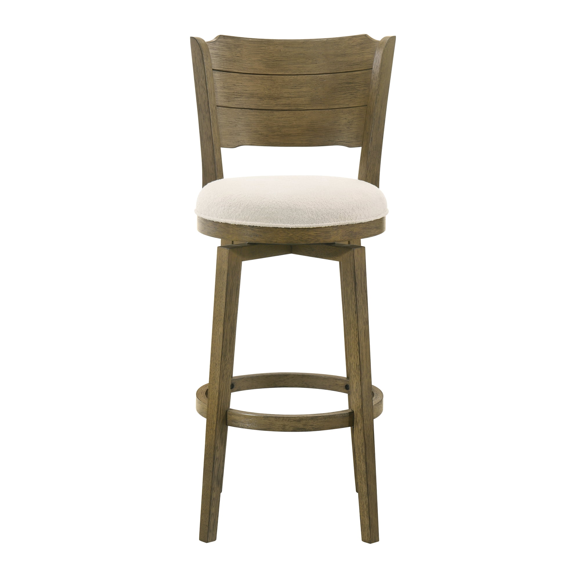 Winsley Coastal Modern Swivel Wood Bar Height Kitchen Bar Stool in Putty Brown Finish with White Boucle Fabric Upholstered Seat - Set of 4