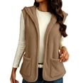 thumbnail image 2 of Hzzrkos Women Casual Loose Solid Color Sleeveless Hooded Button Up Patch Pocket Vest Cardigan Outerwear Jacket Khaki, 2 of 9