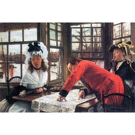 A colonial man places his hand on a city map which is spread on the table A young girl in a bonnet clasps her hands as she looks over his recounting some story Poster Print by James