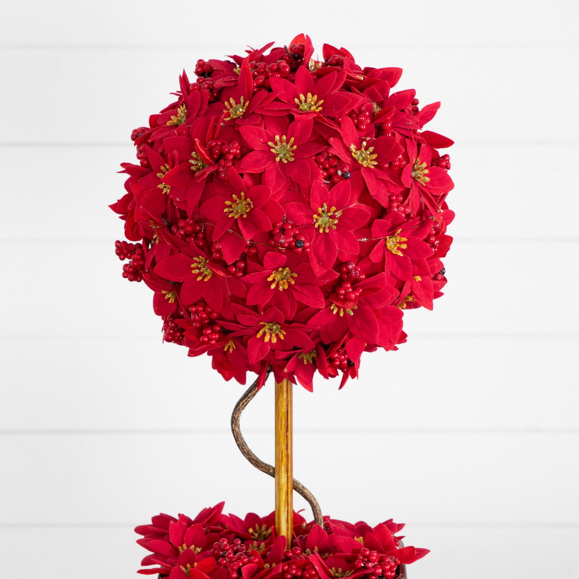 21in. Pre-Lit Artificial Christmas Poinsettia Single Ball Topiary Tree with 15 LED Lights in Decorative Planter