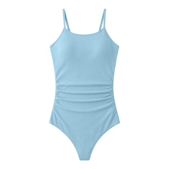 Ytxxxx Girls Solid Color Adjustable Straps One-Piece Swimsuit Light Blue 11-12 Years