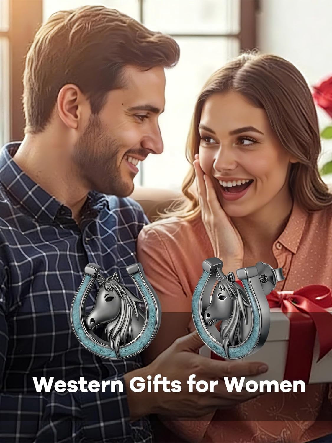 JKR Horse Stud Earrings Sterling Silver Turquoise Horseshoe Earrings Western Jewelry Gifts For Women Birthday Gifts for Her