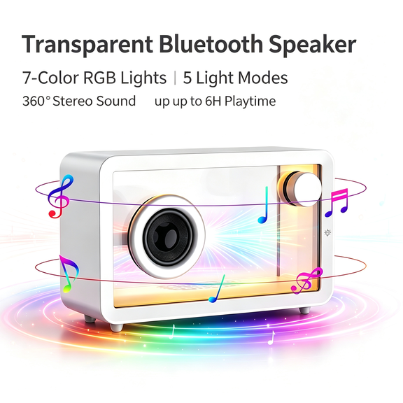 Bluetooth Speaker, Transparent Speakers Bluetooth Wireless with Hi-Fi Sound, Portable Speaker, Simple Desktop Mini Speaker with LED Ambiance Light Built-in White Noise Party Speaker