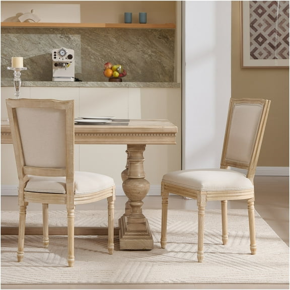 JERFIT French Country Dining Chairs Set of 2, Upholstered Side Chairs with T-Shaped Back, Beige Fabric and Solid Wood for Kitchen, Dining Room, Cafe