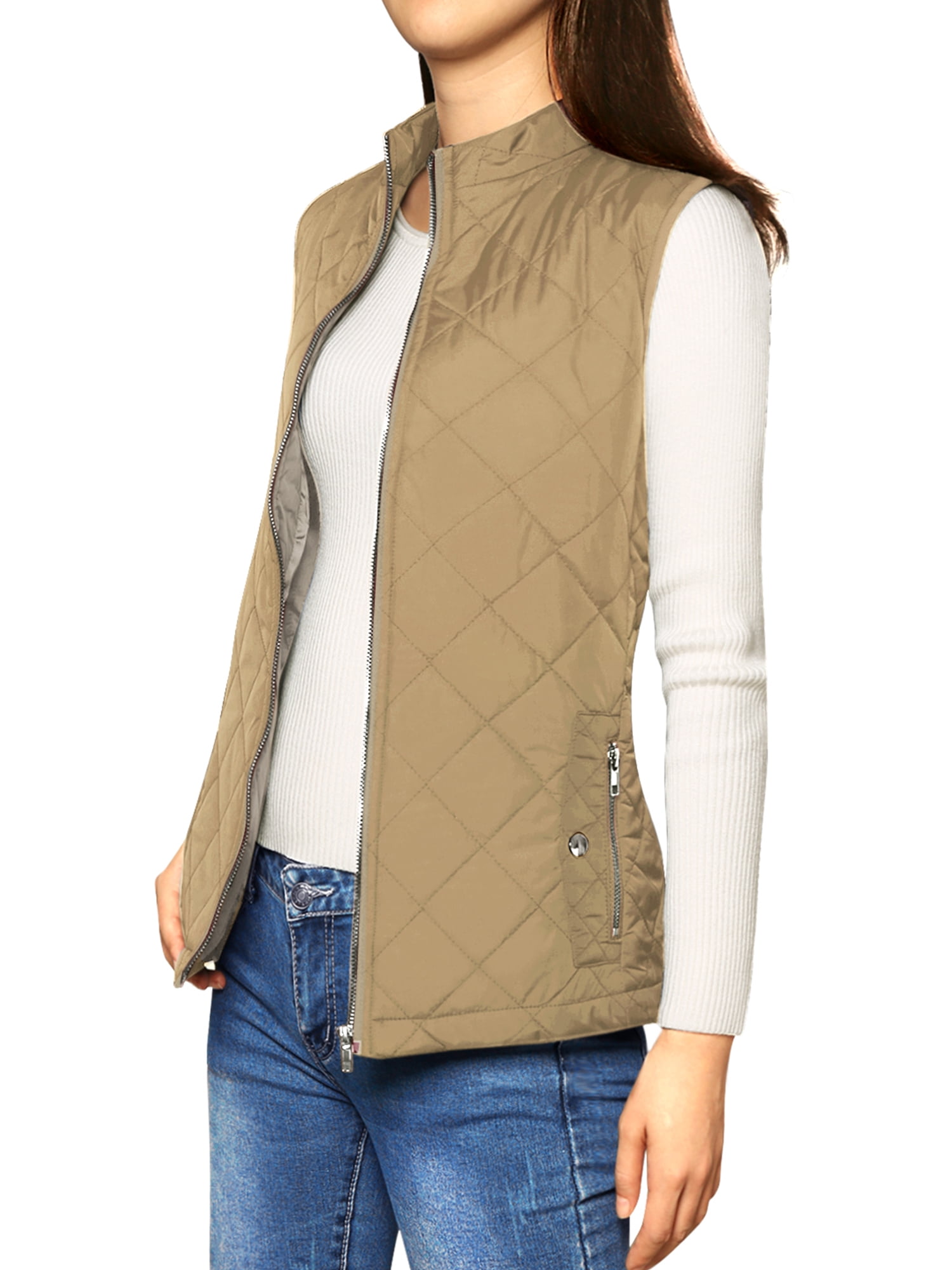 DARING DIVA Women's Zip Stand Collar Quilted Padded Vest XS Khaki
