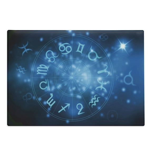 Astrology Cutting Board, Abstract Horoscope Wheel with Signs Aquarius Lion Taurus Libra, Decorative Tempered Glass Cutting and Serving Board, Large Size, Navy Blue Sky Blue, by Ambesonne