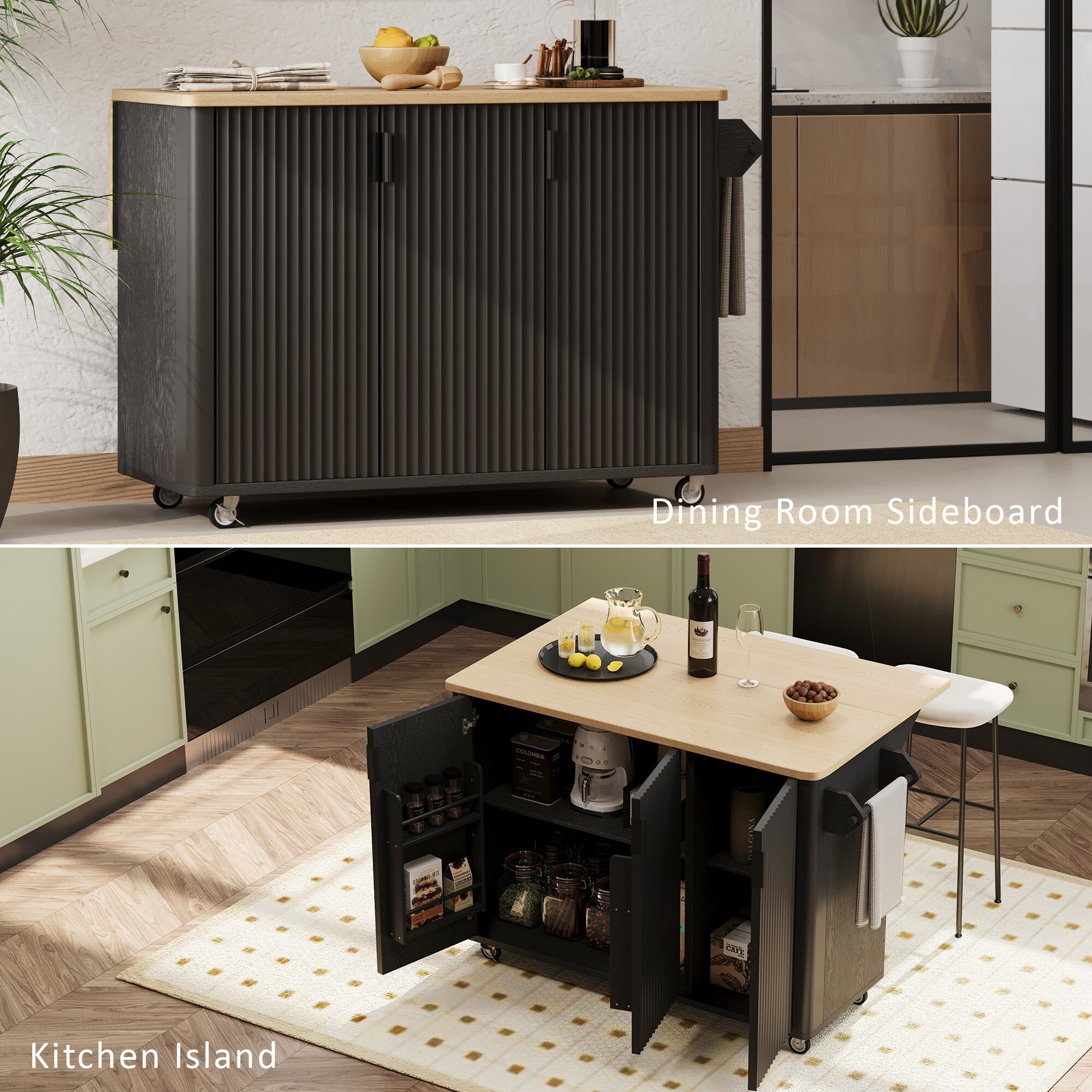 AENKYO Rolling Kitchen Island Cart with Drop Leaf, Mobile Storage Cabinet with Adjustable Shelves, Black with Natural