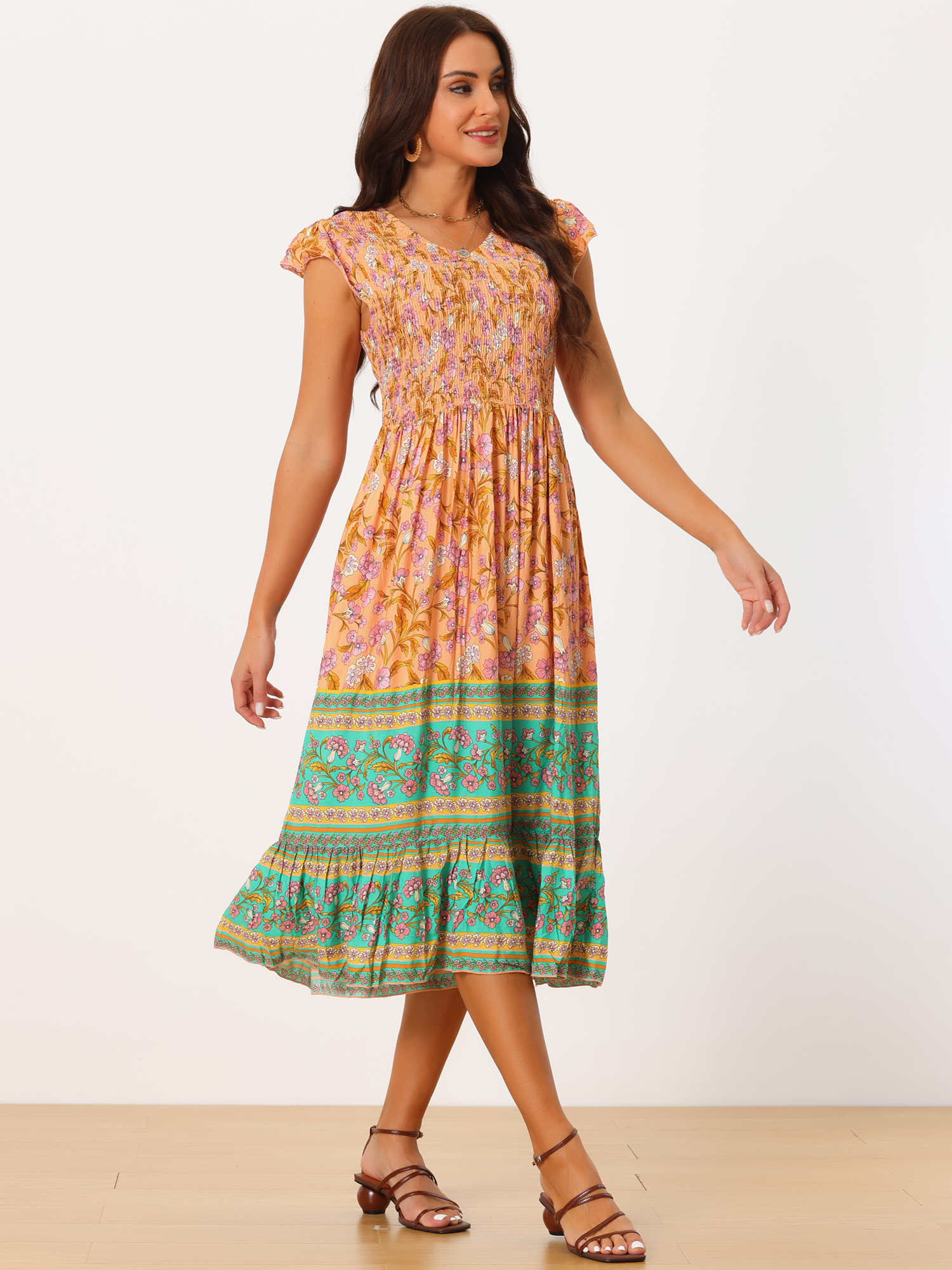 Unique Bargains Women's Floral Flutter Sleeve Smocked High Waist Flowy Boho Dress L Orange