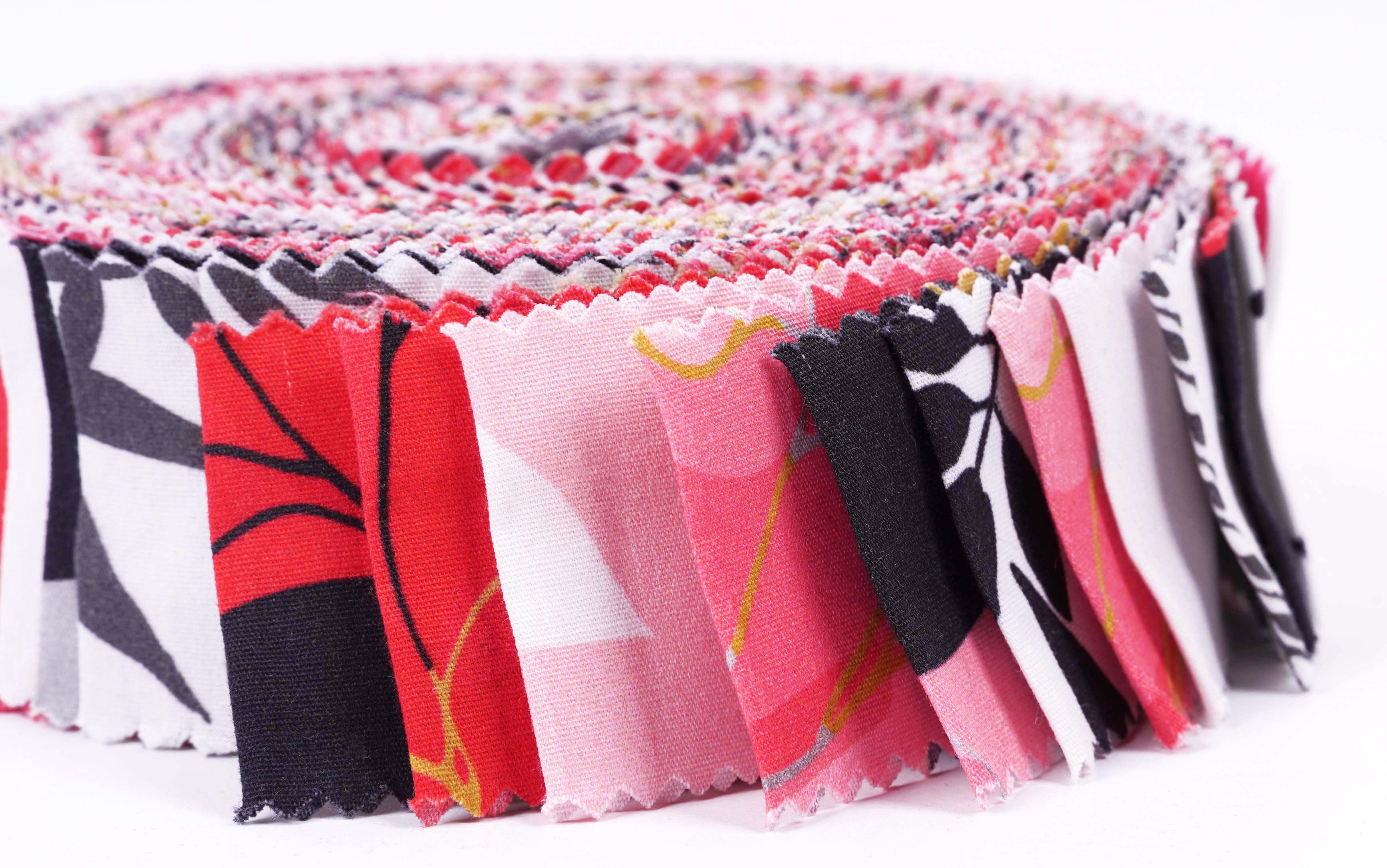 Soimoi 40Pcs Floral Print Precut Fabrics Strips Roll Up 1.5x42inches Cotton Jelly Rolls For Quilting - Pink White & Black