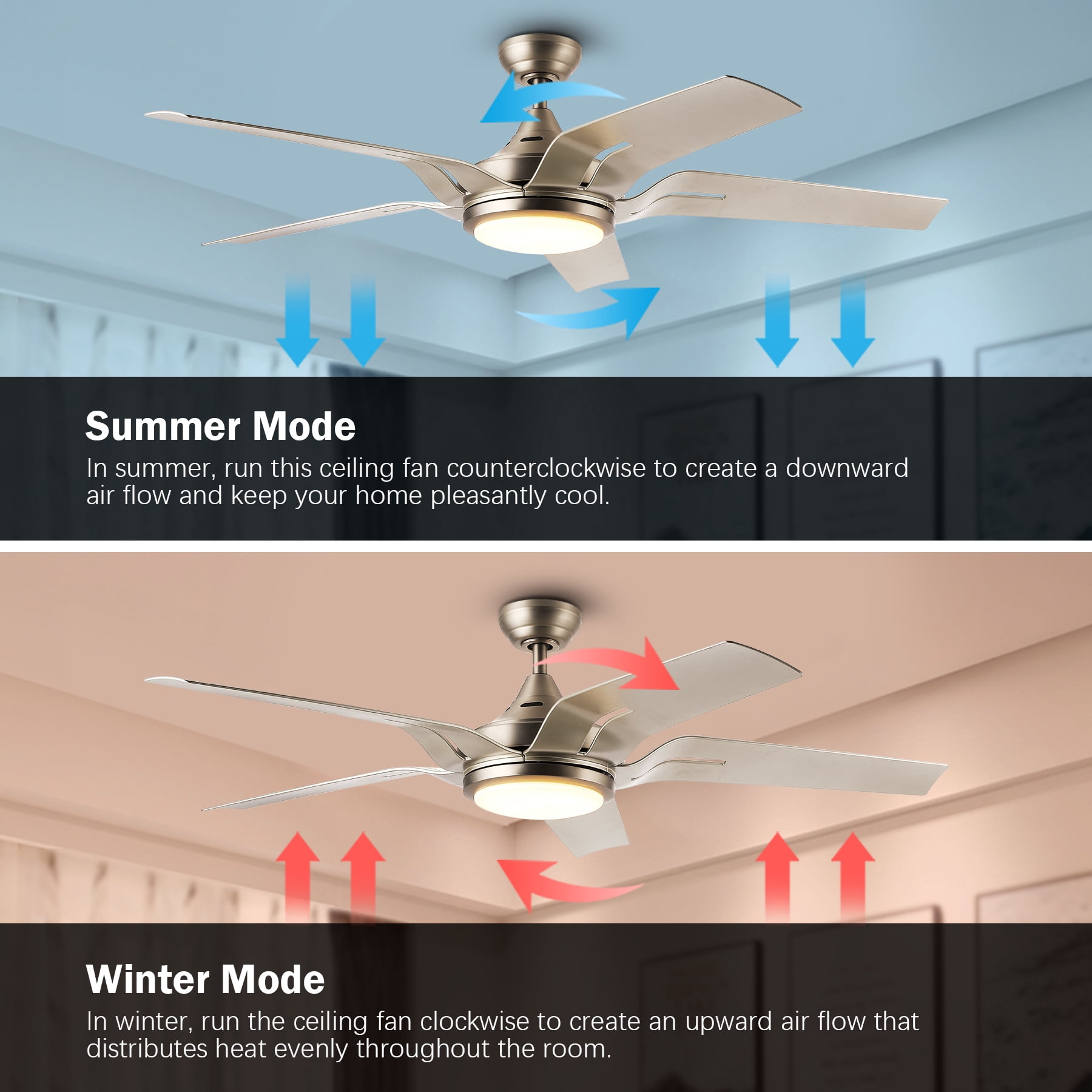 Bestco 52" 3-Light Chandelier Crystal Ceiling Fan with Remote 5 Dual Sided Blades Black