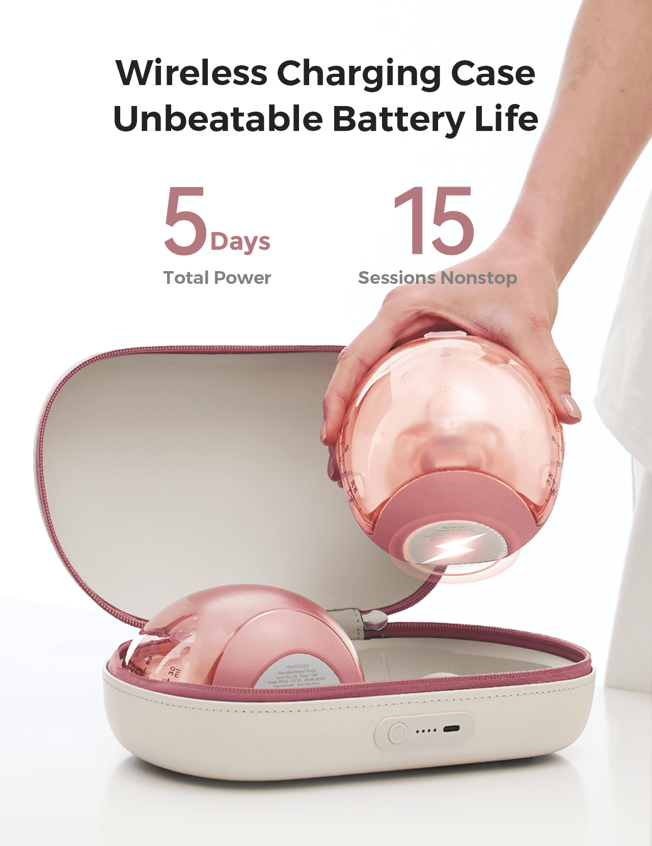 Momcozy Air 1 Hands-Free Wearable Breast Pump with Wireless Charging Case, App Control, Auto Mode, Full-Milk Alert & Transparent Top for Easy Nipple Alignment, Ultra-Slim Portable Design