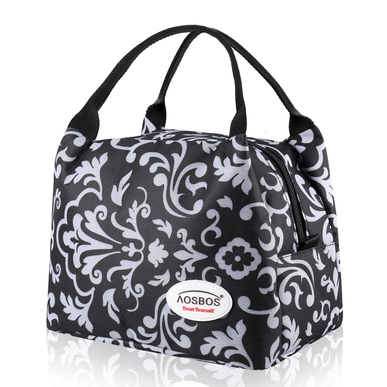Aosbos Insulated Lunch Bag for Women Reusable Lunchbox Lunch Tote Soft Cooler Black Floral