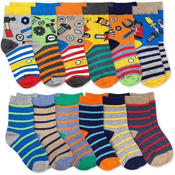 Jefferies Socks Boys Tools Stripes Pattern Variety Crew Socks 12 Pair Pack