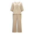 thumbnail image 3 of Women 2 Piece Linen Outfit Sets Short Sleeve Shirt Wide Leg Trousers Pant Two Tracksuit Pant Suits for Women Dressy Wedding Guest Long Sleeve Track Suit for Women Winter Outfits Women Womens Business, 3 of 4