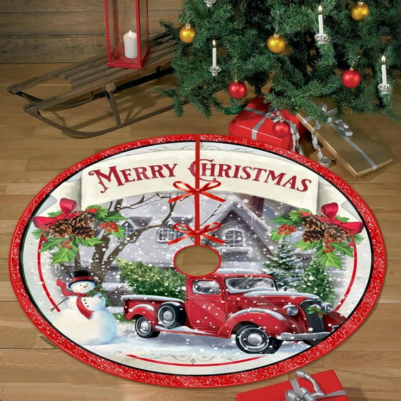 Christmas Snowman Red Truck Decorative Tree Skirt Wrap Christmas Party Decorative Holiday Celebration Washable Carpets for Living Room