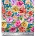 thumbnail image 1 of Soimoi Blue Cotton Duck Fabric Leaves,Pink & Peach Rose Watercolor Print Fabric by Yard 56 Inch Wide, 1 of 1