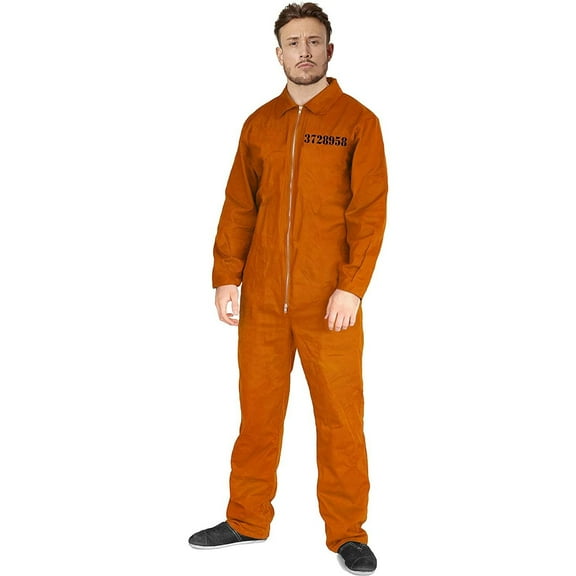 Orange Prisoner Jumpsuit for Adult Men Halloween Party Costume, Jail Inmate Convict Cosplay, Size X Large