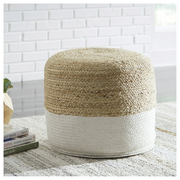 Signature Design by Ashley Sweed Valley Pouf, Natural Brown and White Braided Jute Cotton Accent Ottoman